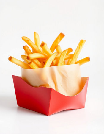 French fries in a red box on a white background, fast food