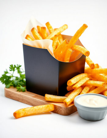 French fries with mayonnaise in a box on a white backgroundの写真素材