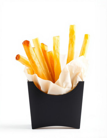 French fries in paper box isolated on white background. Selective focus.の写真素材
