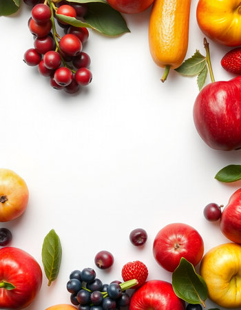 Fruits and berries on white background. Top view, flat layの写真素材