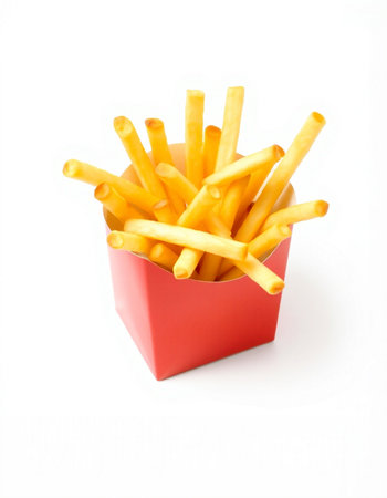 French fries in red box isolated on white background. Selective focus.