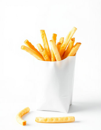 French fries in paper box on white background. Fast food concept.