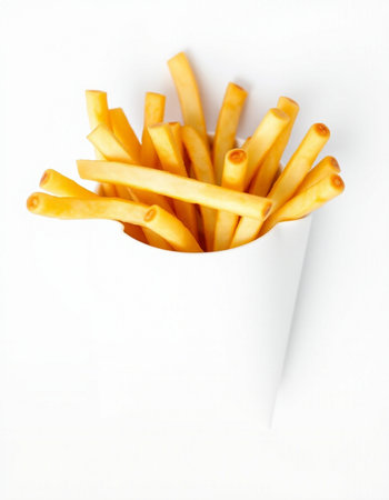 French fries in a white paper box on a white background, isolatedの写真素材