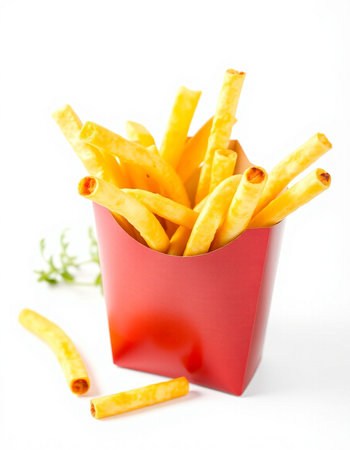 French fries in a red box on a white background, fast food