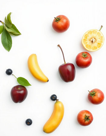 Fruits and vegetables on a white background. Flat lay, top viewの写真素材