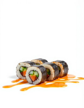 Sushi roll with salmon, cucumber and cream cheese on a white backgroundの写真素材