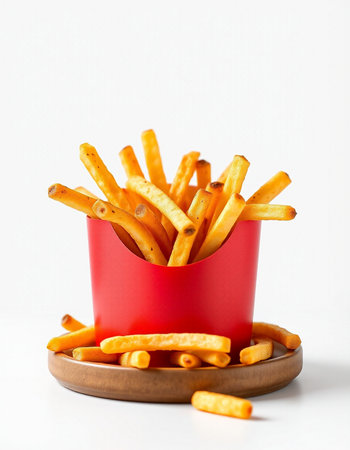French fries in red box on white background. Fast food concept.