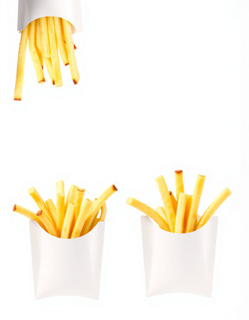 French fries in a paper box on a white background. Isolated