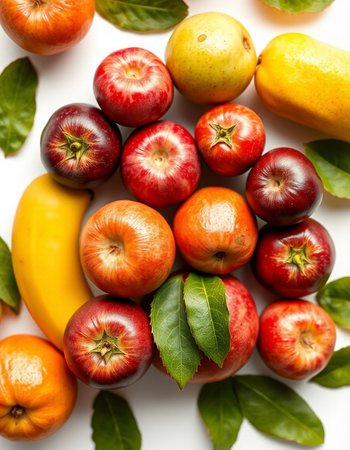 Fruits and vegetables on a white background. Flat lay, top viewの写真素材