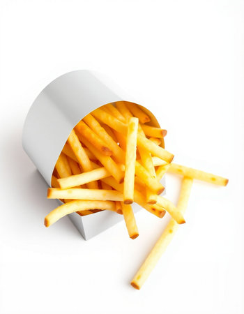 French fries in paper box isolated on white background, clipping path included