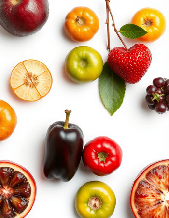 Composition with different fruits on white background, top view. Flat layの写真素材