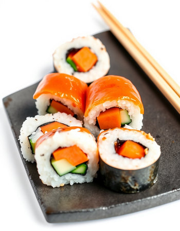 Sushi roll with salmon and cucumber on a white background.の写真素材