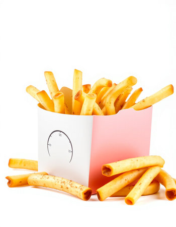 French fries in paper box isolated on white background. Selective focus.