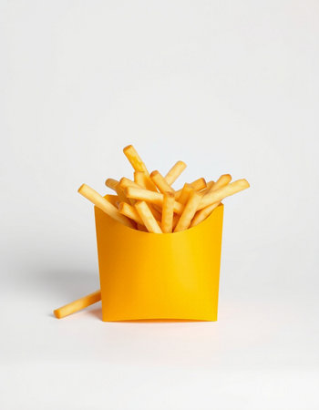 Golden French Fries in a Yellow Paper Cup on a White Background