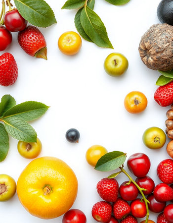 Fruits and berries on white background. Top view. Flat lay