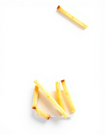 French fries isolated on white background. Top view. Copy space.