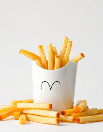 French fries in a paper cup on a white background. Selective focus.
