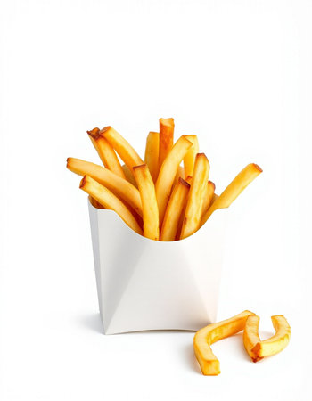 French fries in a white box on a white background. Isolated