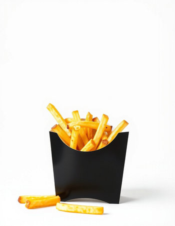 French fries in black paper box isolated on white background. Fast food concept