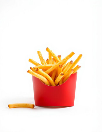 French fries in red box isolated on white background. Selective focus.の写真素材