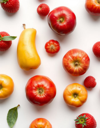 Red and yellow fruits on white background. Flat lay, top viewの写真素材