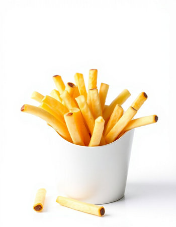 French fries in a white cup on a white background. Isolatedの写真素材