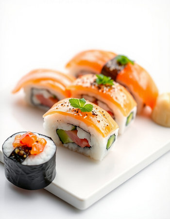 Sushi roll with salmon, avocado and cucumber on a white plateの写真素材