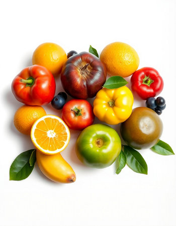 Fresh fruits and vegetables on a white background. Healthy food concept.の写真素材
