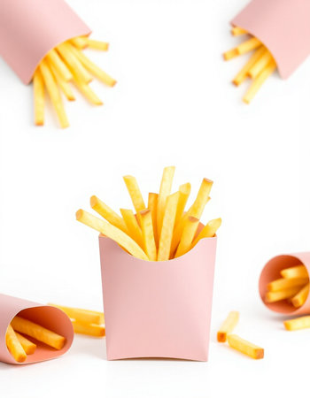 French fries in a pink box on a white background. Fast food.の写真素材