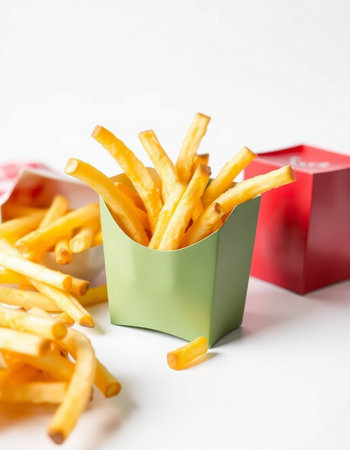 French fries in a paper box on a white background. Selective focus.の写真素材