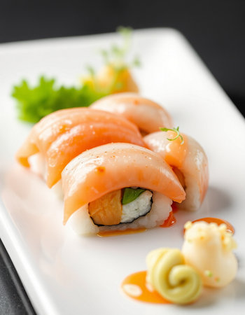 Sushi Sushi - Roll with Salmon, Cream Cheese and Raw Salmon insideの写真素材