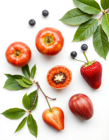Flat lay composition of fresh fruits and berries on white background.の写真素材
