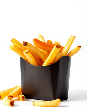 French fries in a black box on a white background. Isolatedの写真素材