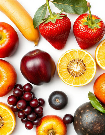 Fruits and vegetables isolated on white background. Flat lay, top view