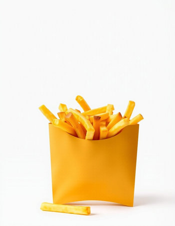 French fries in a paper bag on a white background. Selective focus.
