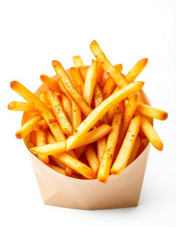 French fries in a paper box isolated on white background. Selective focus.