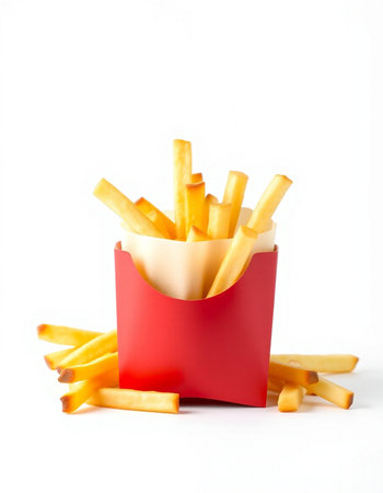 French fries in a red box on a white background, fast food