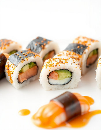 Sushi roll with salmon, cucumber and cream cheese on white backgroundの写真素材