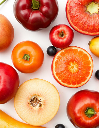 fresh fruits and vegetables isolated on white background. Top view. Flat lay patternの写真素材