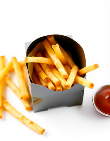 French fries in a black box with tomato sauce on a white background