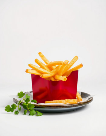 French fries in a red box on a white background with parsley