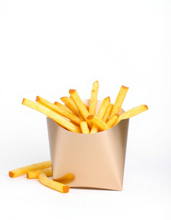 French fries in a paper box on a white background. Isolated