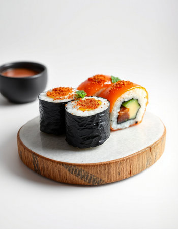 Sushi roll with salmon, avocado, cucumber and cream cheese on a wooden boardの写真素材