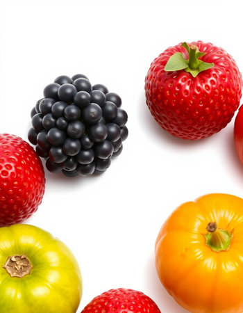 Blackberry, strawberry, blackberry, raspberry, tomato on white backgroundの写真素材