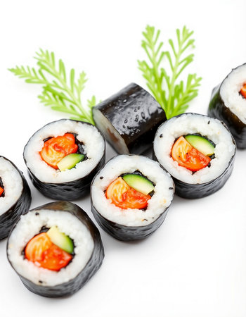 Sushi roll with salmon, cucumber and cream cheese on white backgroundの写真素材