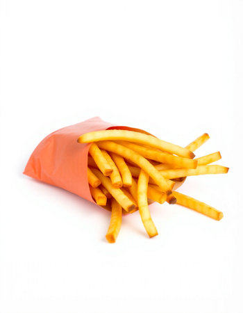 French fries in a red paper bag on a white background, isolated