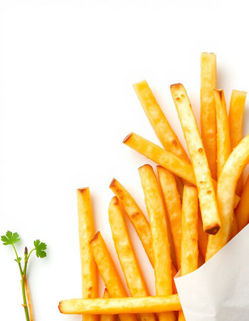 French fries with parsley isolated on white background. Top view.