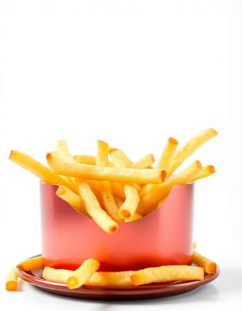 French fries in a red box on a white background with copy space