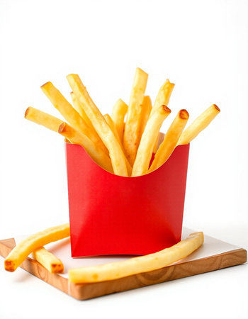 French fries in a red box on a white background close-up