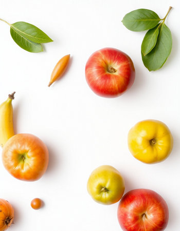 Autumn fruits on white background. Flat lay, top view.の写真素材